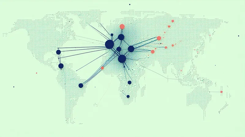 Abstract node network representing clinical trial site selection across geographic locations