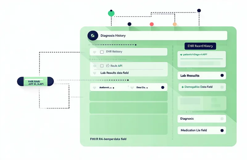 Abstract representation of EHR data ingestion via FHIR R4 API, showing structured patient record fields
