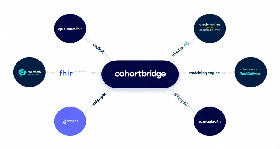 EHR system integration map showing Cohortbridge connecting to multiple EHR platforms via FHIR R4