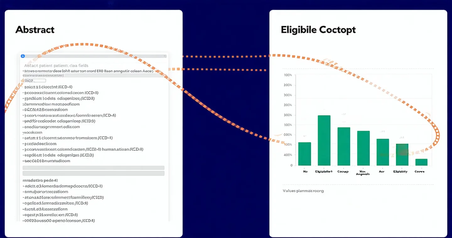 EHR patient data fields on left connecting via bridge arc to eligibility cohort output on right, illustrating automated patient matching