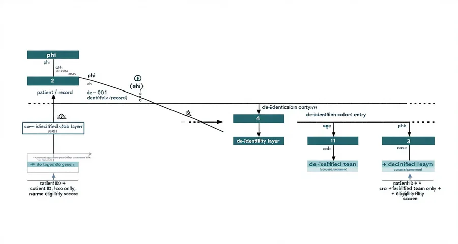De-identification architecture showing patient EHR data flowing through de-identification layer before cohort output